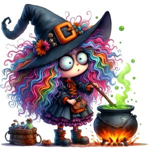 14 PNG clipart de bruja arcoíris – Ilustración PNG de Halloween – Arte de niña espeluznante linda para etiquetas de pociones, decoración de fiestas, manualidades mágicas