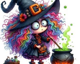 14 PNG clipart de bruja arcoíris – Ilustración PNG de Halloween – Arte de niña espeluznante linda para etiquetas de pociones, decoración de fiestas, manualidades mágicas