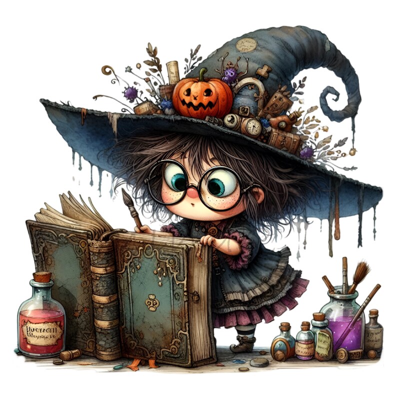 May include: A young witch with long dark hair wearing a blue witch hat with a pumpkin and other decorations, reading a large, open book with a paintbrush in her hand.