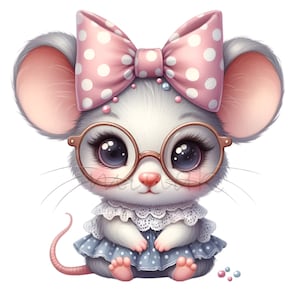 10 cliparts PNG souris mignon – Adorable bébé souris avec lunettes, nœud rose à pois, robe en dentelle et illustration de grands yeux