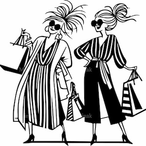 5 SVG-shoppen dames SVG-bestand, modieuze vrouwen met tassen silhouet, stijlvolle clipart voor Cricut en lasersnijden
