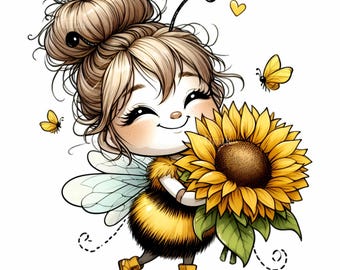 10 PNG Bee Girl Sunflower, Messy Bun Bumblebee Clipart, Summer Nursery