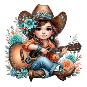 15 png-stijl plattelandsmeisje – westerse clipart met gitaar, cowgirlhoed, turquoise laarzen en bloemenaccenten – schattig zuidelijk ontwerp voor knutselen