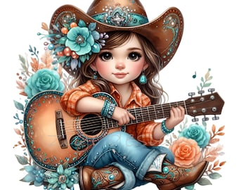 15 PNG Cowboy Hat Girl Guitar Clipart, Floral Musician Print