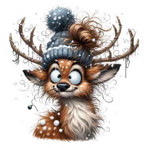 Renne drôle avec chapeau d'hiver 12 PNG, clipart illustration de dessin animé animal de Noël décalé, fabrication de cartes bricolage imprimable en sublimation