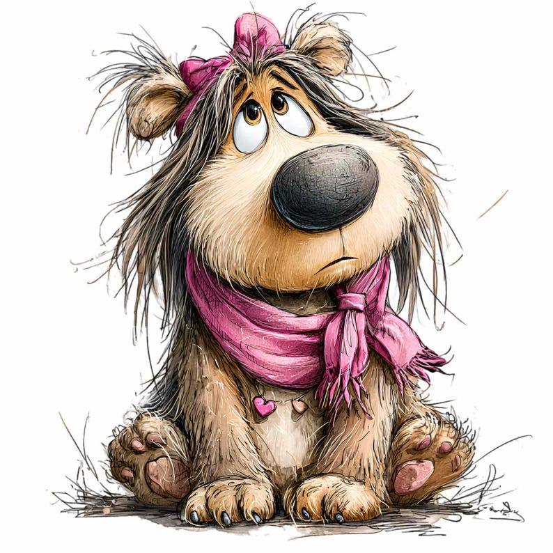 May include: A whimsical illustration of a sad-looking dog with long, shaggy brown and tan fur. The dog wears a pink bow, a pink scarf, and a heart pendant. The dog is sitting down with its head tilted upwards, with a forlorn expression.