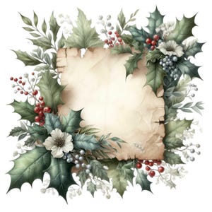 14 kerst-png-kader met hulst, bessen, vintage papierachtergrond, winterbloemenrand, clipart maken kerstkaarten