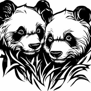 4 Couple de pandas SVG, ours mignon paire de fichiers coupé, clipart animaux sauvages, Silhouette forêt de bambous pour Cricut & Laser