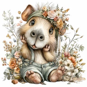 May include: A whimsical illustration of a cute, cartoon-like animal wearing a floral crown and denim overalls. The animal is surrounded by flowers and greenery, with a soft, pastel color palette. The animal is smiling and holding its paws up to its face.