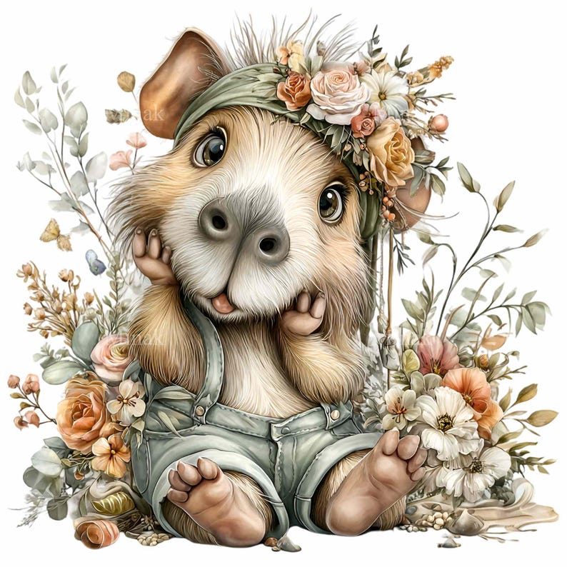 May include: A whimsical illustration of a cute, cartoon-like animal wearing a floral crown and denim overalls. The animal is surrounded by flowers and greenery, with a soft, pastel color palette. The animal is smiling and holding its paws up to its face.