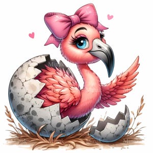 12 imágenes prediseñadas de flamencos: un lindo flamenco bebé con lazo rosa saliendo del huevo, grandes ojos azules, alas extendidas y corazones.