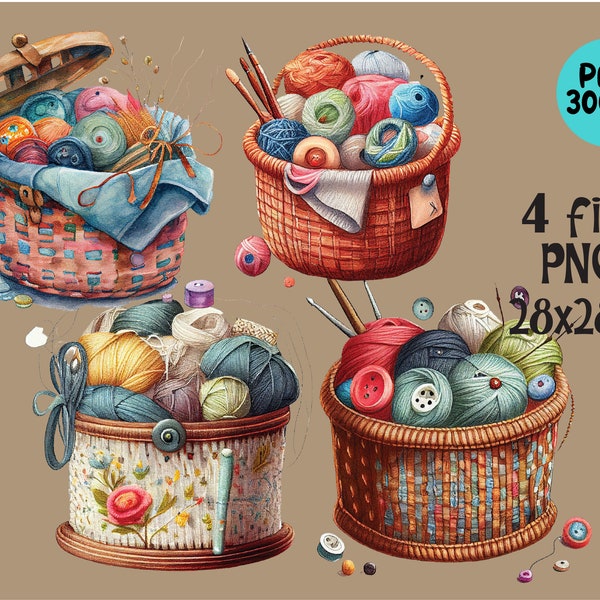 Crochet Clipart PNG Watercolor Yarn Ball in Basket Sublimation