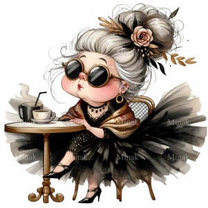 12 Clipart PNG de dame âgée | Dame chic en tutu avec café | Parfait pour les travaux manuels et les créations amusantes