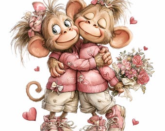 16 PNG Monkey Hug Valentine Flowers Sublimation Digital Clipart