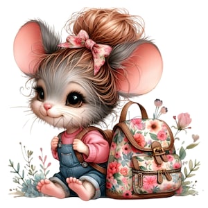 Ratón con mochila floral PNG Clipart - 14 Ratón lindo con overol y moño superior - Arte animal caprichoso