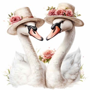 20 deux cygnes élégants en chapeaux PNG Clipart, art floral cygnes chapeau de paille, téléchargement numérique pour Couple oiseau romantique