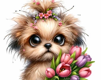 12 PNG Messy Bun Dog, Yorkie Clipart, Shih Tzu Tulip Sublimation, Floral Puppy