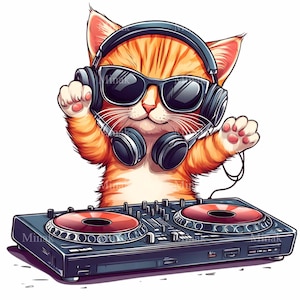 15 divertenti clipart PNG di DJ Cat con cuffie e giradischi, illustrazione stravagante a tema musicale