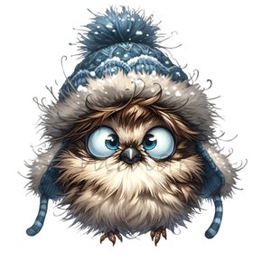 12 Corujas de Inverno Fofas PNG – Pássaro Fofo com Chapéu de Neve – Design de Sublimação de Natal, Arte Animal para o Feriado