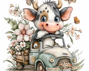 15 PNG Blommig Ko Lastbil Clipart, Vintage Bondgård Sublimering, Barnkammar Djurkonst