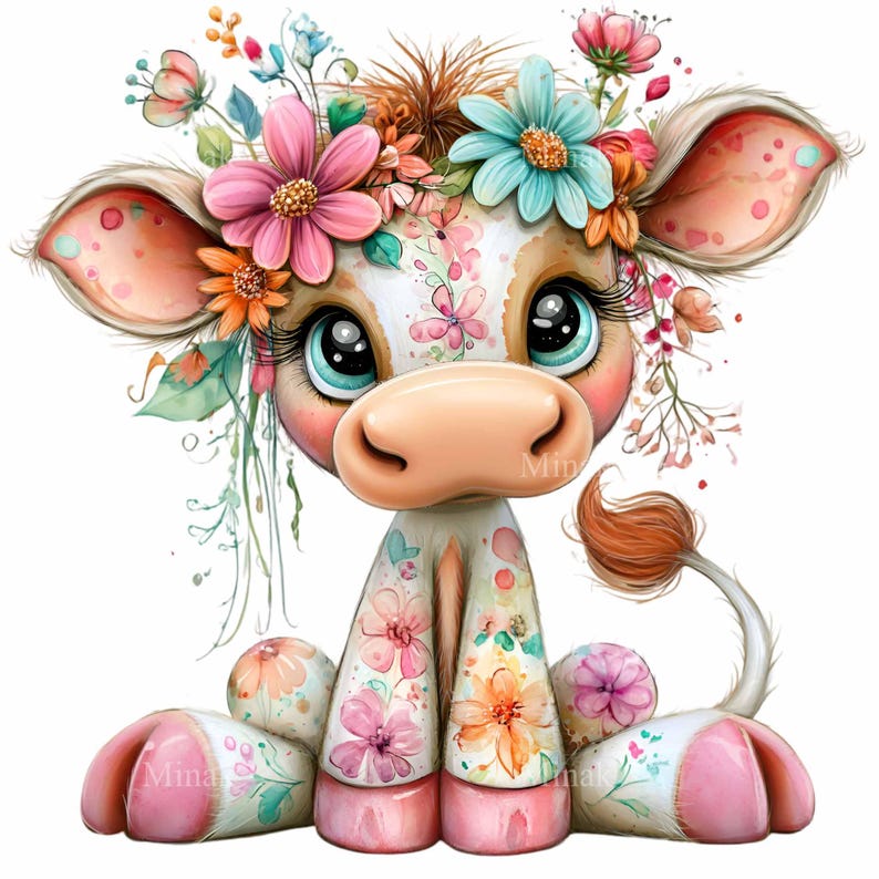 16 PNG Floral Cow Clipart, Whimsical Farm Animal Garden Art - Etsy