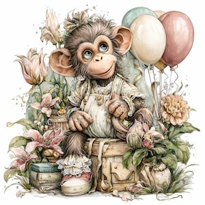Puede incluir: Ilustración en acuarela de un mono encantador con un mono y zapatillas, rodeado de flores y globos. El mono está sentado en una maleta vintage. Los colores pastel suaves crean una escena caprichosa.