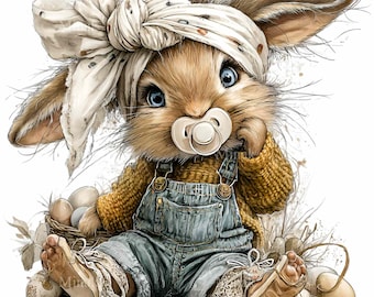 15 PNG Baby Bunny Pacifier, Nursery Rabbit Clipart, Spring Farm Infant Kids Room Decor