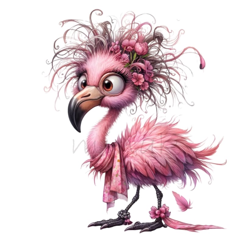 K&ouml;nnte beinhalten: Eine skurrile Illustration eines rosa Flamingos mit gro&szlig;en, ausdrucksstarken Augen und einer ausgefallenen Frisur. Der Flamingo ist mit floralen Akzenten, einem Schal und dekorativen Kn&ouml;chelb&auml;ndern in Rosat&ouml;nen geschm&uuml;ckt. Der Stil ist cartoonartig.