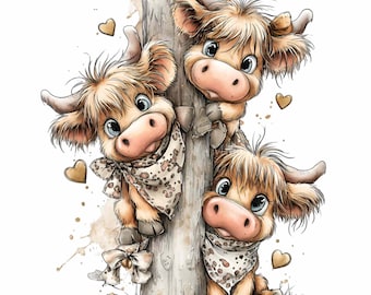 15 PNG Highland Kuh Trio, Aquarell Färse Clipart Bauernhaus Kindergarten Western