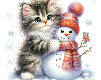 18 PNG Winter Katze Schneemann Clipart, flauschiges Kätzchen Urlaub Design