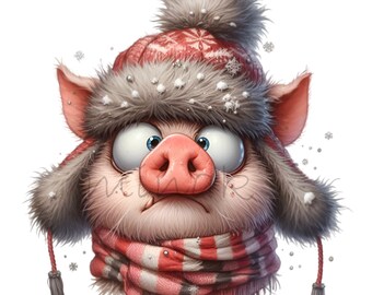 10 Cappelli invernali da maiale PNG, clipart di animali con berretto, grafica festiva di animali da fattoria