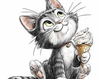 15 Cat Holding Ice Cream Png, Funny Kitten Cone Vanilla Dessert Clipart
