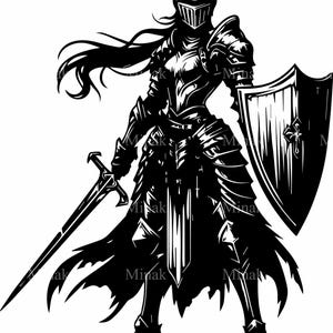 Archivo de corte SVG de 4 mujeres guerreras: mujer feroz con armadura, espada y escudo: silueta de fantasía medieval
