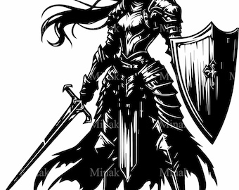 4 Female Warrior SVG Cut File - Fierce Armored Woman with Sword and Shield - Medieval Fantasy Silhouette