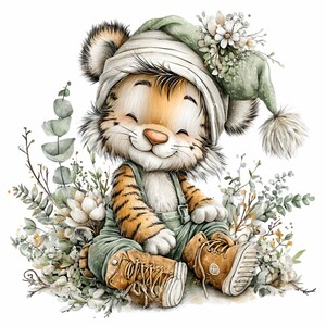 Puede incluir: Un cachorro de tigre de dibujos animados sonriente, con un sombrero blanco y verde adornado con flores, un peto verde y botas marrones. La imagen presenta elementos florales blancos y verdes, creando una ilustraci&oacute;n caprichosa y alegre.