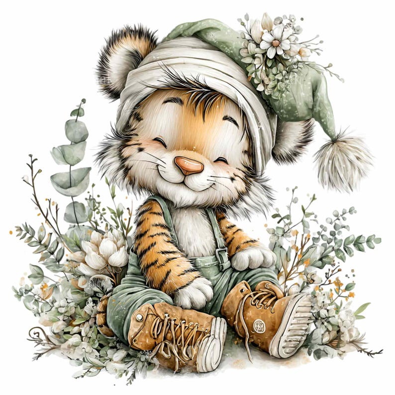 Puede incluir: Un cachorro de tigre de dibujos animados sonriente, con un sombrero blanco y verde adornado con flores, un peto verde y botas marrones. La imagen presenta elementos florales blancos y verdes, creando una ilustraci&oacute;n caprichosa y alegre.