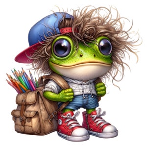 Bébé grenouille aller à l'école sac à dos livres clipart 15 PNG Illustration, impression par sublimation, art mural