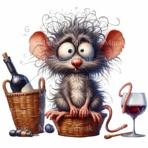 10 grappige rat png-clipart, cartoonmuis met wijnglas en fles, decor Franse bistro, digitale kunst aan de muur downloaden
