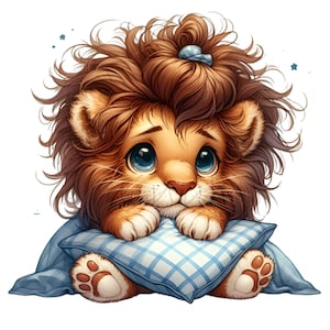 12 imágenes PNG de un lindo león: cachorro de león dormido con almohada. Sublimación de animales adorables para impresiones de guardería, habitación infantil y manualidades para bebés.
