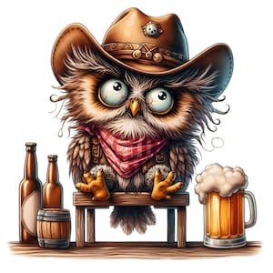 12 cliparts PNG hibou cow-boy drôle avec chope de bière, bouteilles et chapeau pour décoration de bar, sublimation, fête western, art de l'humour country