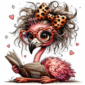 Niedlicher Flamingo PNG Clipart mit Leopardenmuster Schleife und Brille, 12 entzückende Lesevogel Kunst, wunderliche Tier Illustration