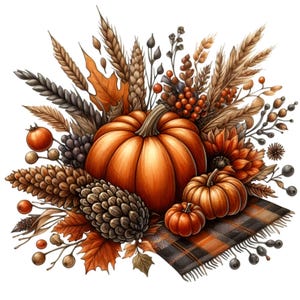 Puede incluir: Un arreglo de oto&ntilde;o con tres calabazas, tallos de trigo, pi&ntilde;as y hojas de oto&ntilde;o. Las calabazas son de color naranja y marr&oacute;n, y las hojas son de color rojo, naranja y amarillo. El arreglo est&aacute; colocado sobre una tela a cuadros.