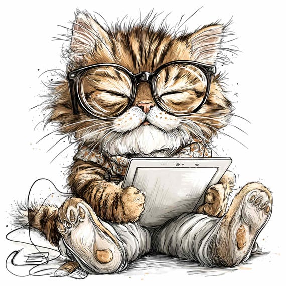 15 PNG Smart Cat Reading Clipart – Cartoon PNG Illustration