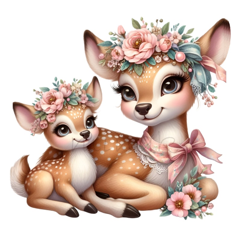 Puede incluir: Una madre y un cervatillo con pelaje marr&oacute;n y blanco moteado. Llevan coronas de flores y la madre tiene una cinta rosa alrededor del cuello. El fondo es blanco.