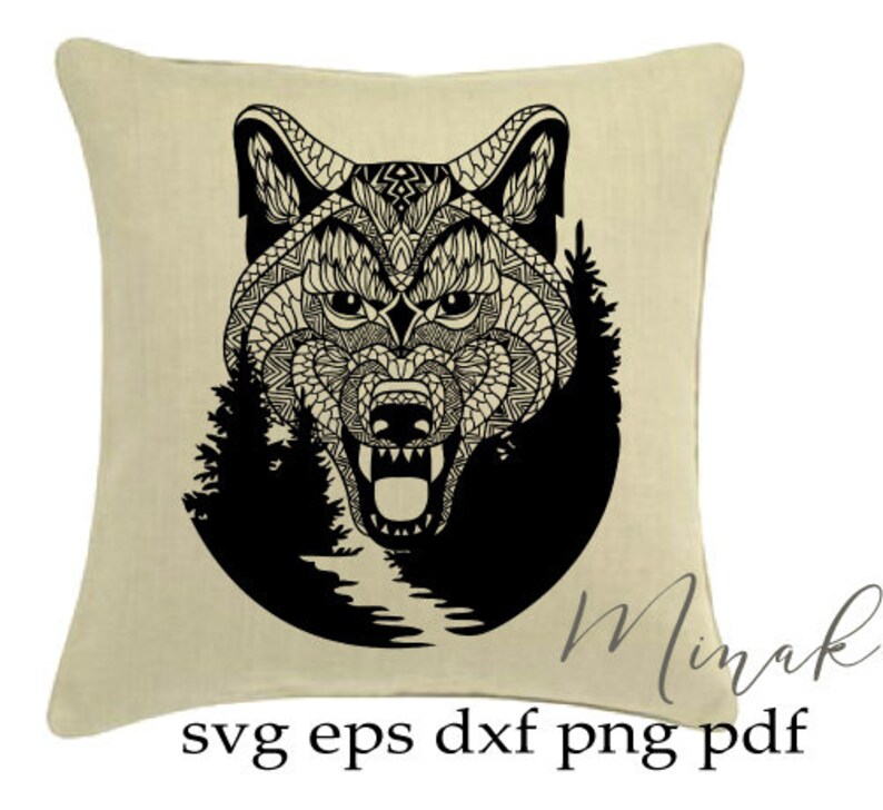 Download Wolf head svg wolf mandala svg mountains pine trees svg | Etsy