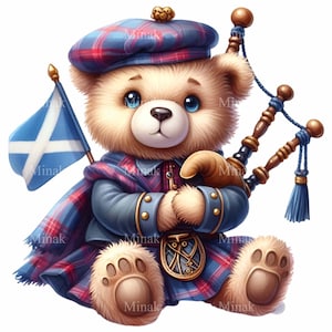 Clipart PNG ours en tenue écossaise avec cornemuse et drapeau, 12 PNG parfaits pour travaux manuels, décoration et invitations mignons
