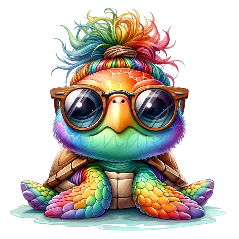 May include: A rainbow colored turtle with a rainbow colored hair bun wearing sunglasses. The turtle is sitting on a blue surface.