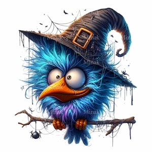 12 bleu duveteux oiseau PNG Clipart - oiseau sorcière d'Halloween avec chapeau, toiles d'araignée et branche - effrayant téléchargement numérique art