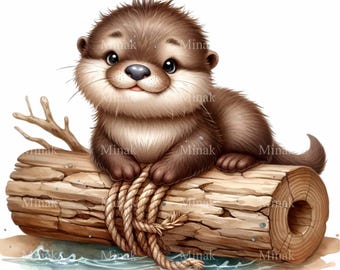 12 PNG Otter Clipart, Watercolor Baby on Log Woodland Animal Nursery Decor Printable