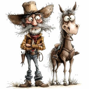 12 Funny Cowboy PNG and Horse PNG Clipart, Western Cartoon Illustration, Old Rancher with Scruffy Beard, Digital Download